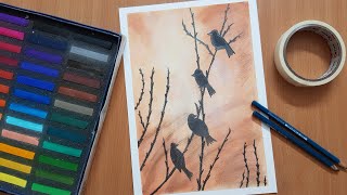 How to draw birds sitting on a branch using Camel Soft Pastels / Step by Step screenshot 5