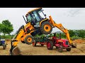 JCP and Tractor Videos | JCB stunt with Swaraj 744 FE stuck fully loaded trolley pulling | CFV