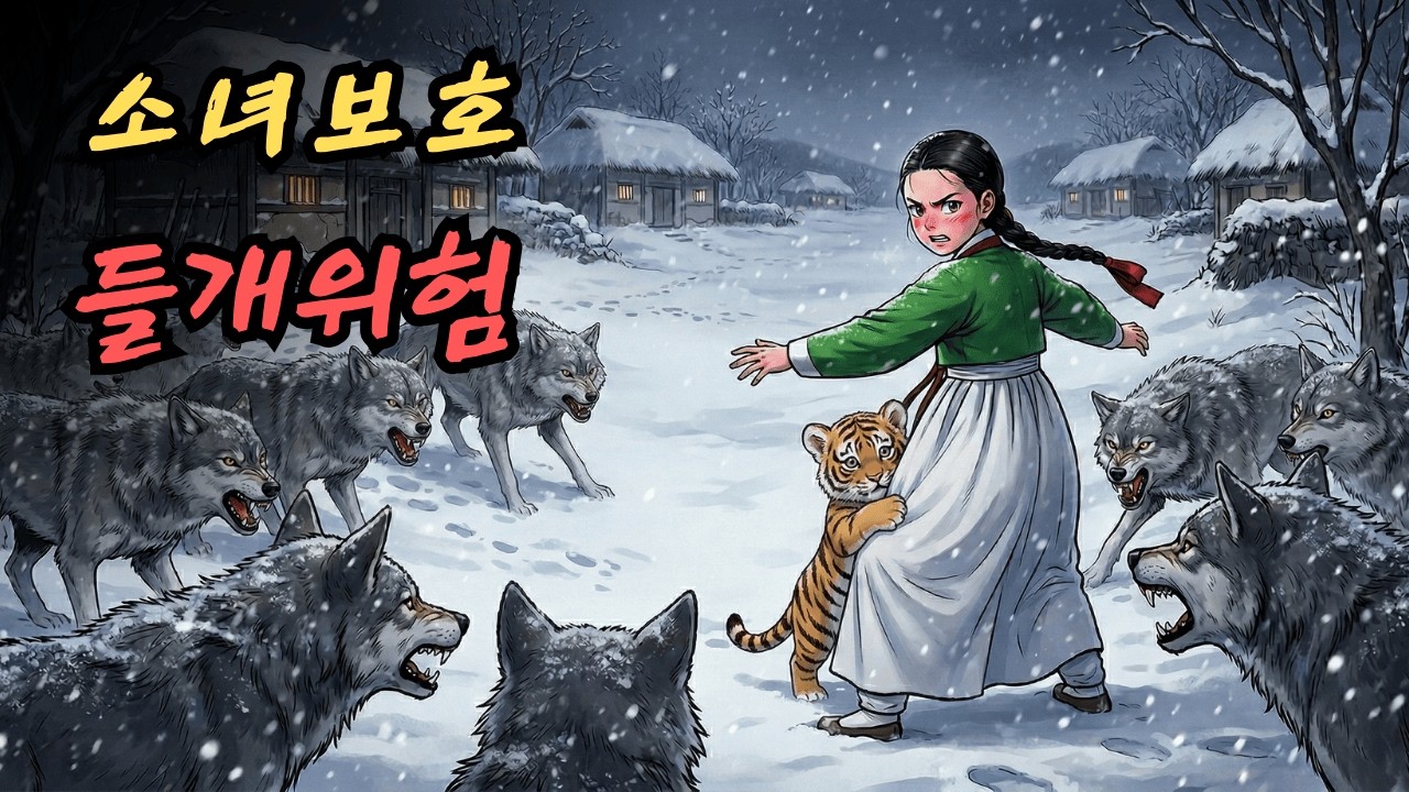 한 어린 소녀가 사나운 들개 떼 앞에 서서 두 팔을 뻗어 새끼 호랑이를 보호하고 있다… 정말 위험해 보이지 않나요? |민담 |전설 |설화 |옛날이야기 |오디오북