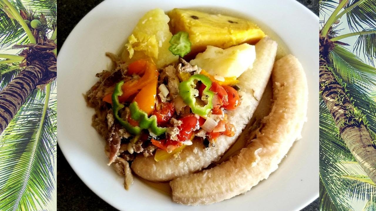 SALT MACKEREL RUNDOWN/RIPE PLANTAIN BOILED DUMPLINGS/GREEN BANANA/YAM