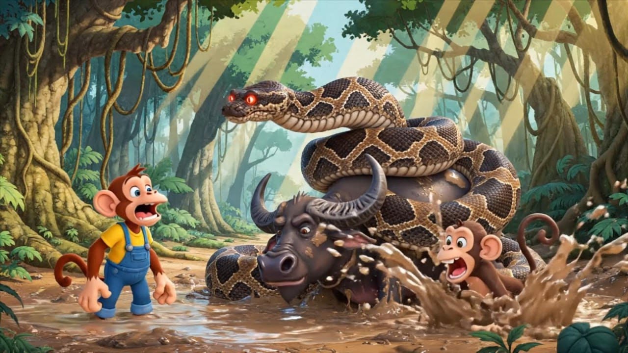 Baby Monkey Saves the Buffalo from a Python in the Forest | Kids Storytime
