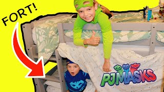 PJ Masks BUNK BED BLANKET FORT! Gekko &amp; Catboy Sleepover Party &amp; Lite Brite Lego Roller Coaster