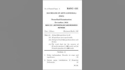 IGNOU Previous Exam Paper December 2023 BAG BANC-131 Anthropology and Research Methods