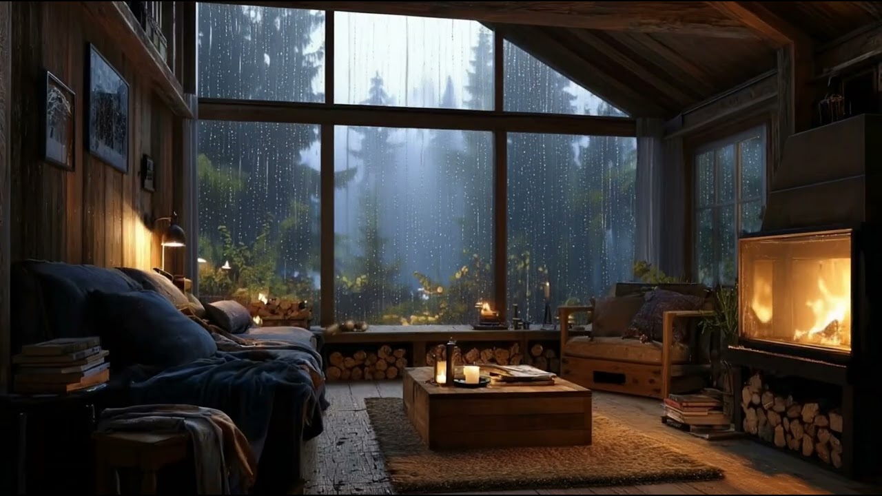 Tension Release in a Cozy Cabin – 8 Hours Healing Rain & Fireplace Piano | Rainy Forest Living Room