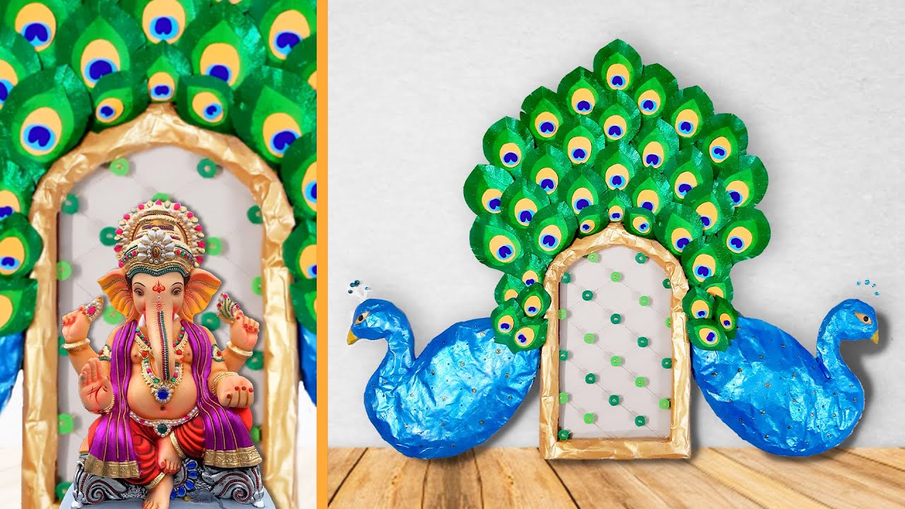 Ganpati Decoration Ideas for Home 2021 Peacock theme Ganpati Decoration Ideas Ganpati Makhar