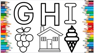 Drawing alphabets G for grapes H for house I for ice-cream, drawing and Colors tutorial, kids video