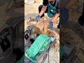 Splitting thick tree trunk using mechanical wood cutting machine