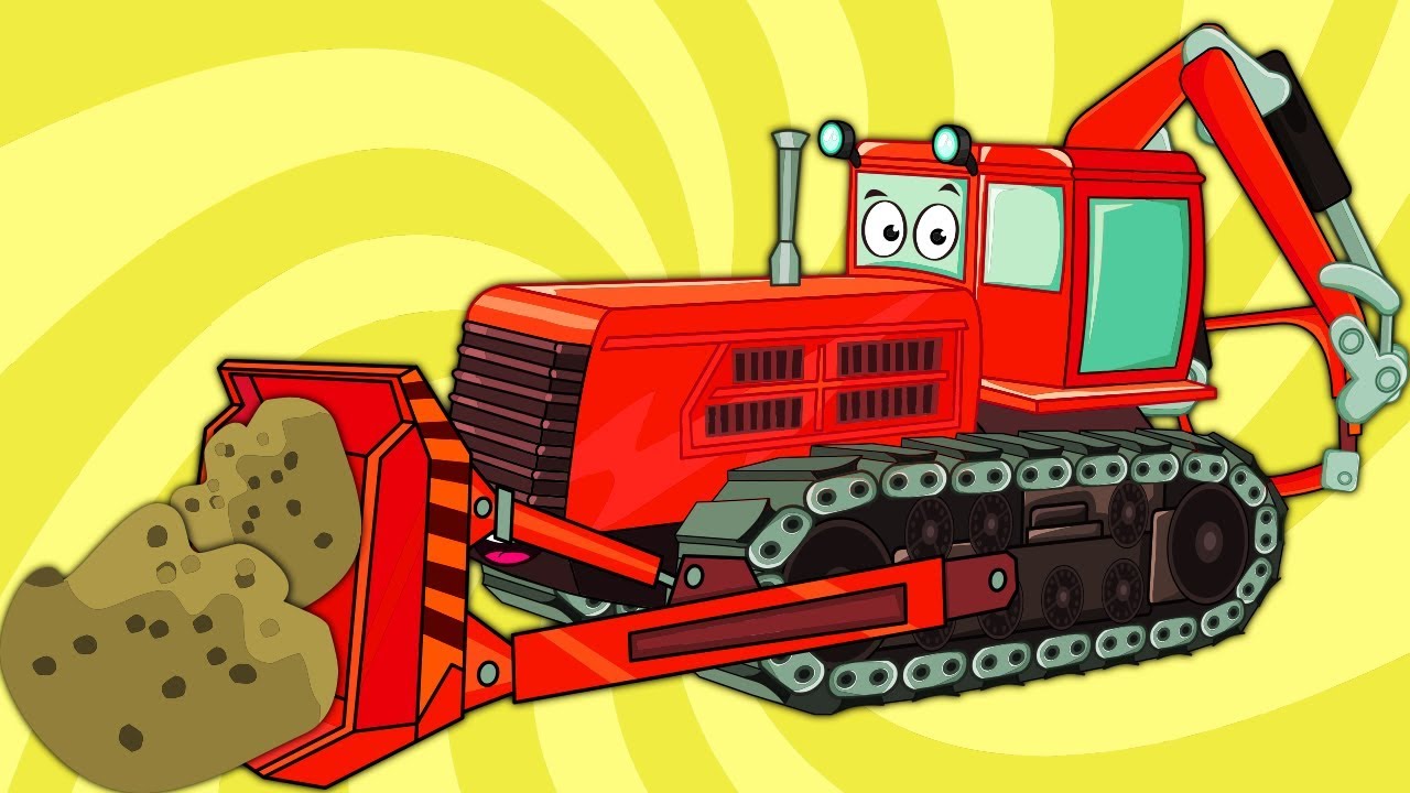 Про красный трактор. Бульдозер для детей. Гусеничный трактор для детей. Бульдозер для дошкольников. Трактор мультяшный.