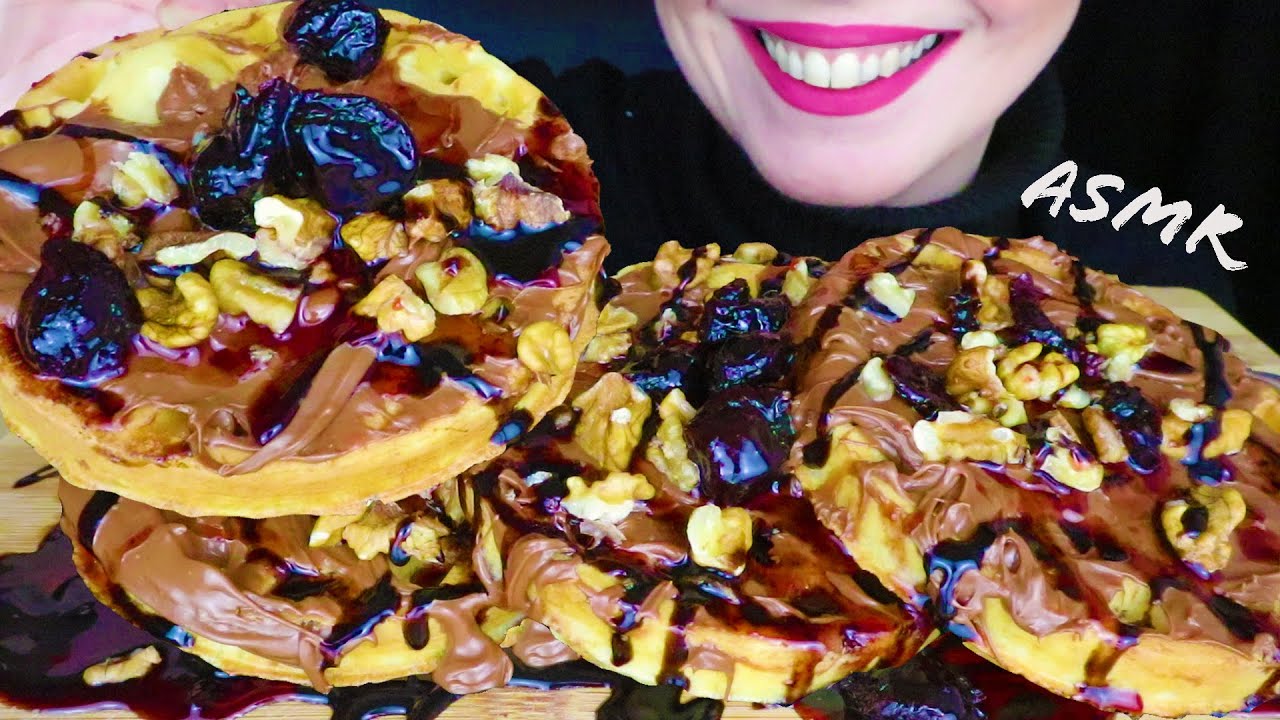 NUTELLA WAFFLES 🧇, CANDIED SOUR CHERRIES & WALNUTS | ASMR Mukbang | Real Eating Sounds