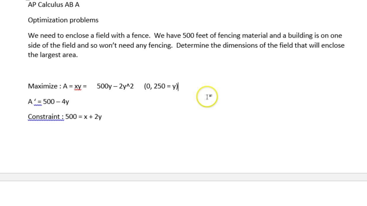 Ap Calculus Ab A Optimization Problems Youtube
