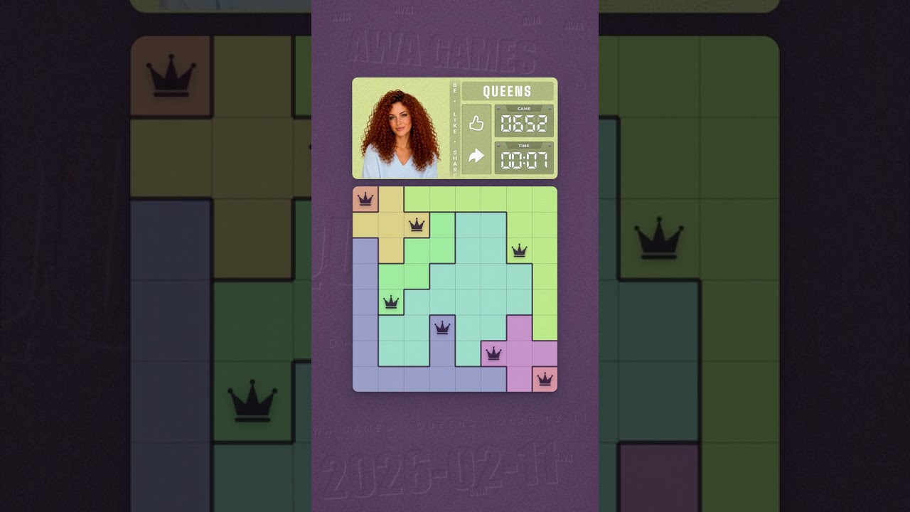 LinkedIn Queens #652 solved board for February 11, 2026, 8x8 grid