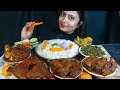 Asmr eating spicy masala 4plate fish bunavegetablecurrysmall fish spinach jurisaladbasmati rice