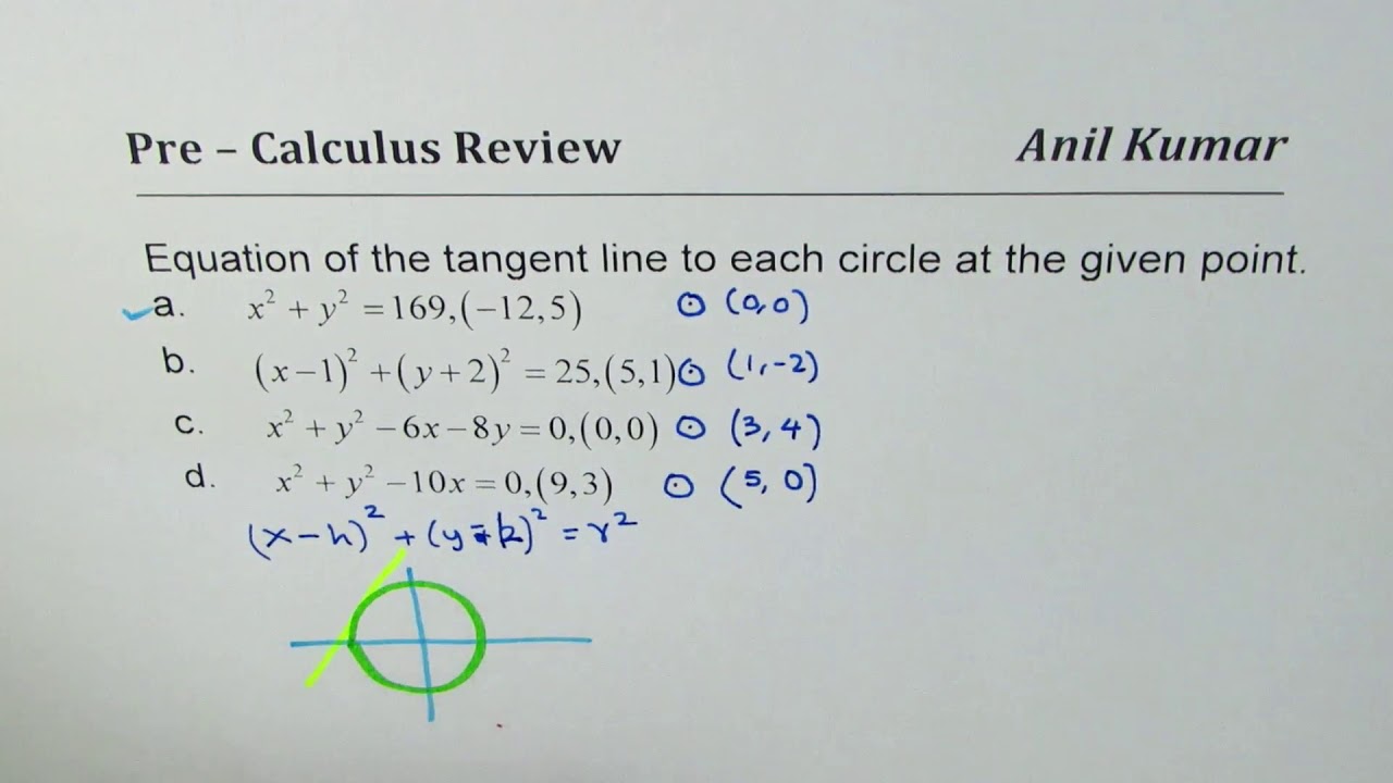 Equation Of Tangent Line On Circle X 1 2 Y 2 2 25 Youtube