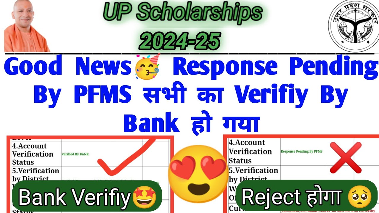 Scholarship Response pending by pfms verifiy | Up Scholarship Verified by bank update |pfms rejected