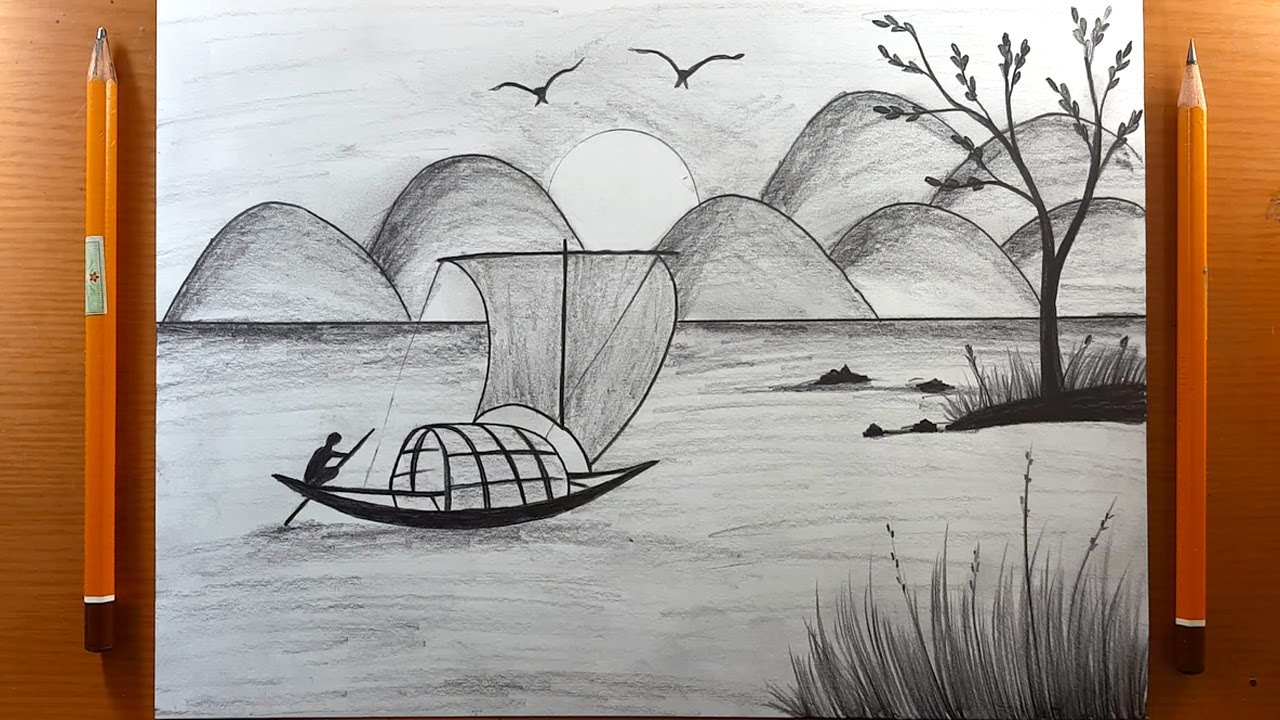 Disegni facile | Come disegnare il tramonto con la matita, il disegno