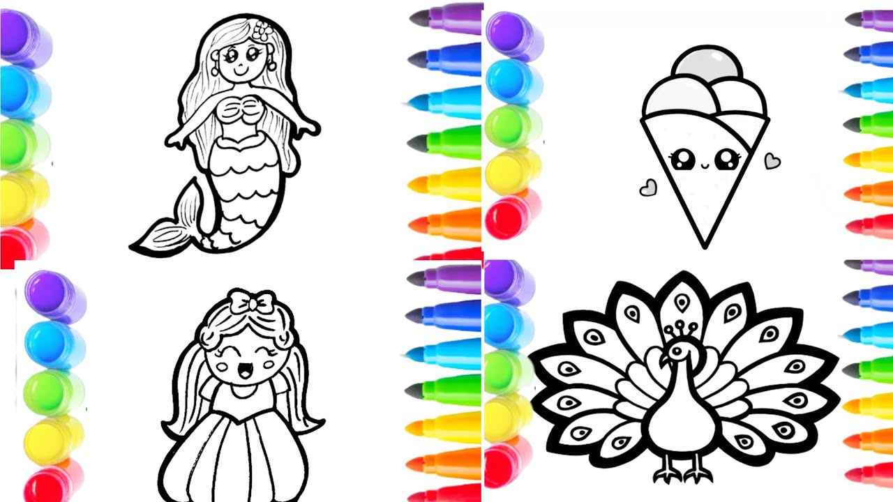 How to Draw a Cute Ice Cream Cone Step by Step for Kids and Toddler🍦🧜‍♀️🧍‍♀️🦚