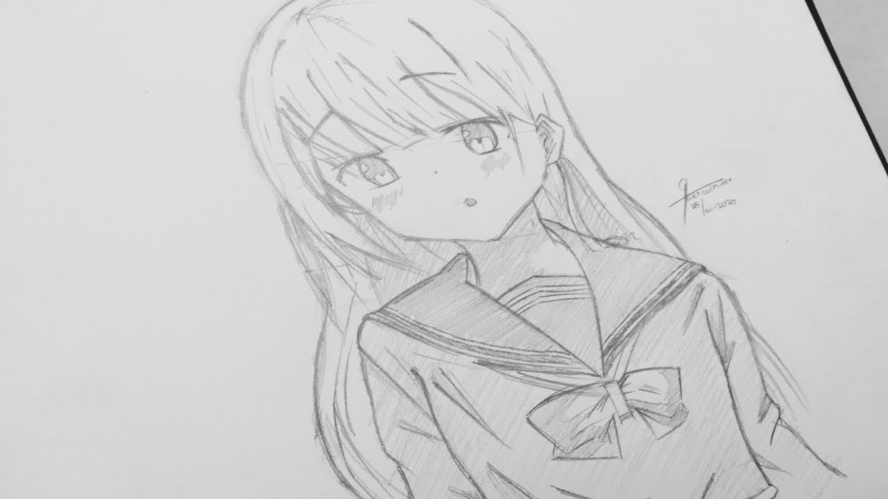 Tutorial! How to draw cute anime girl - School uniform with pencil ...