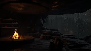 Hiding from Rain and Thunderstorm in Cave Fireplace Sounds for 12 hours,Sleep, Study, Relax