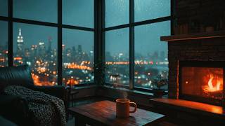 🗽 Cozy New York City Penthouse Rain | Relaxing Jazz Music & Modern Fireplace for Sleeping