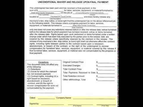 unconditional lien waiver on final payment youtube unconditional waiver and release upon final payment form