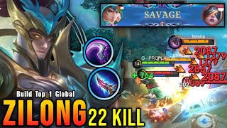 SAVAGE 22 Kills!! MVP 14.5 Points Zilong 0.5 Sec Delete Build!! - Build Top 1 Global Zilong ~ MLBB