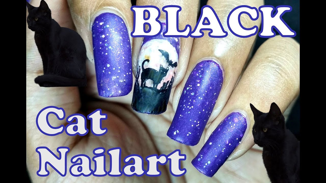 Halloween Black cat Nail art collab YouTube