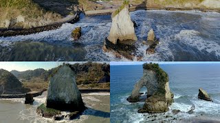 [ 4K ] 群発地震で崩壊した夫婦岩（千葉県 いすみ市 雀島）前後比較映像 Coastal terrain destroyed by earthquake swarm in Chiba,Japan