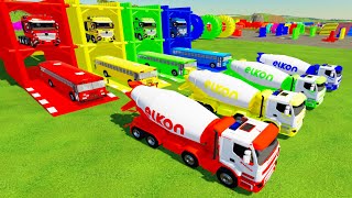 TRANSPORTING COLORFUL SCHOOL BUS, ELKON MIXER TRUCK TO GARAGE WITH MERCEDES TRAILER TRUCK-FS22 screenshot 5
