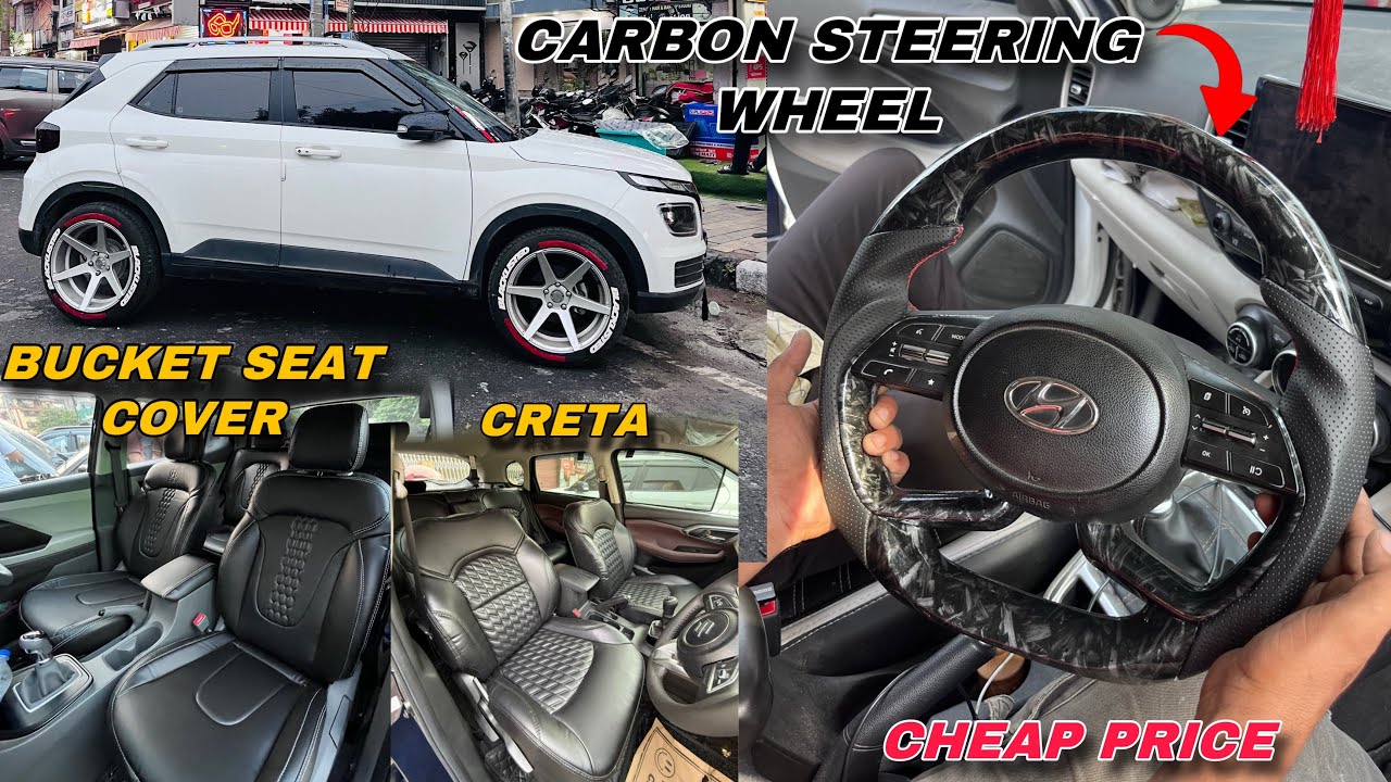 VENUE GOT TYRE STICKERS,CARBON FIBRE STEERING WHEEL✅|SEAT COVER,Grand vitara, Creta Modifications