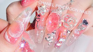 CHANEL pink moon nails🌙💗 How to draw the moon & stars! Luxury nails / ASMR
