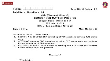 MSC 3RD SEM PHYSICS CONDENSED MATTER PHYSICS DEC 2022 | PTU