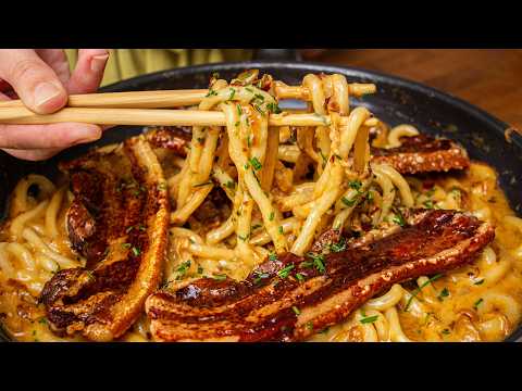 Creamy Garlic Butter Noodles With Pork Belly 🍜