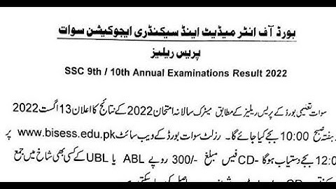 Bise Swat Board Matric Result 2022 Annual Exam 9th 10th Class