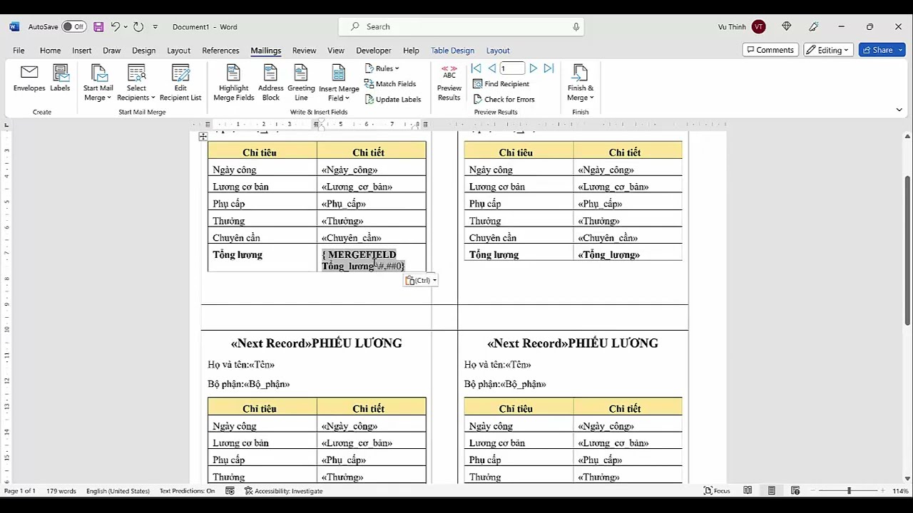 Hướng dẫn dùng Mailmerge in nhiều phiếu lương trên A4