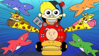 大ピンチ!サメに襲われ働く車（パトカー、救急車、消防車、ブルドーザー、クレーン車、ショベルカー）が合体ロボに変身!/アニメつーちゃんとボビーくん♪