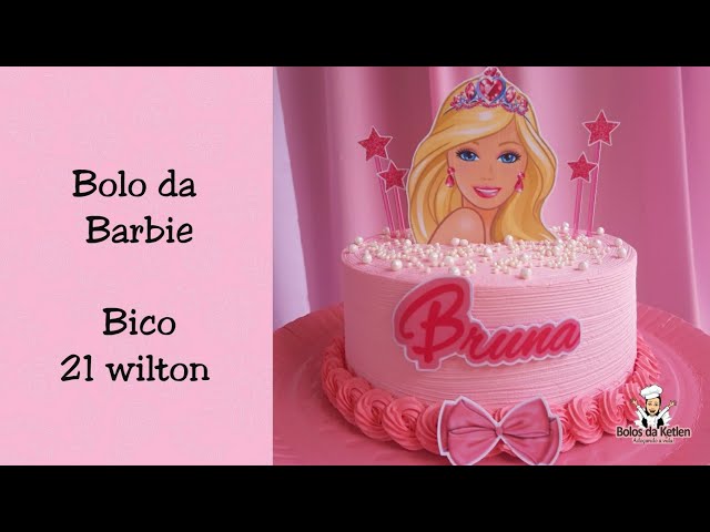 Bolo Barbie, Topper, Chantilly rosa, Redondo, Bico 21, 2 kg, 20  fatias