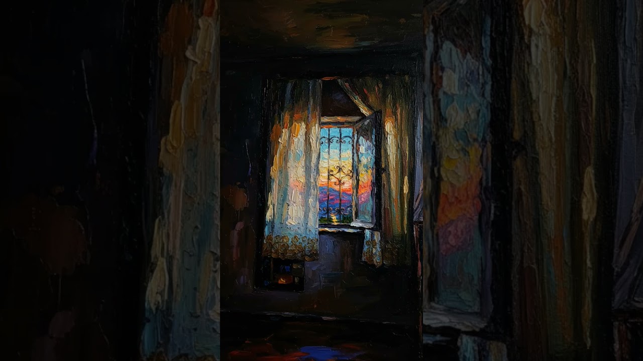 "East Duo Chill Vibes: Oil Painting Window View of Sunny Mountains 🌅 