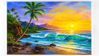 Golden Shoreline | Acrylic Beach Sunset Painting