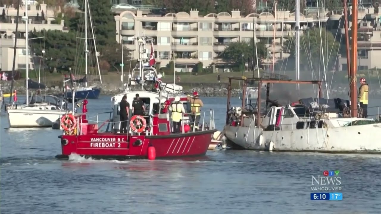 Man suffering severe burns after a fire aboard a boat in False Creek , British Columbia.