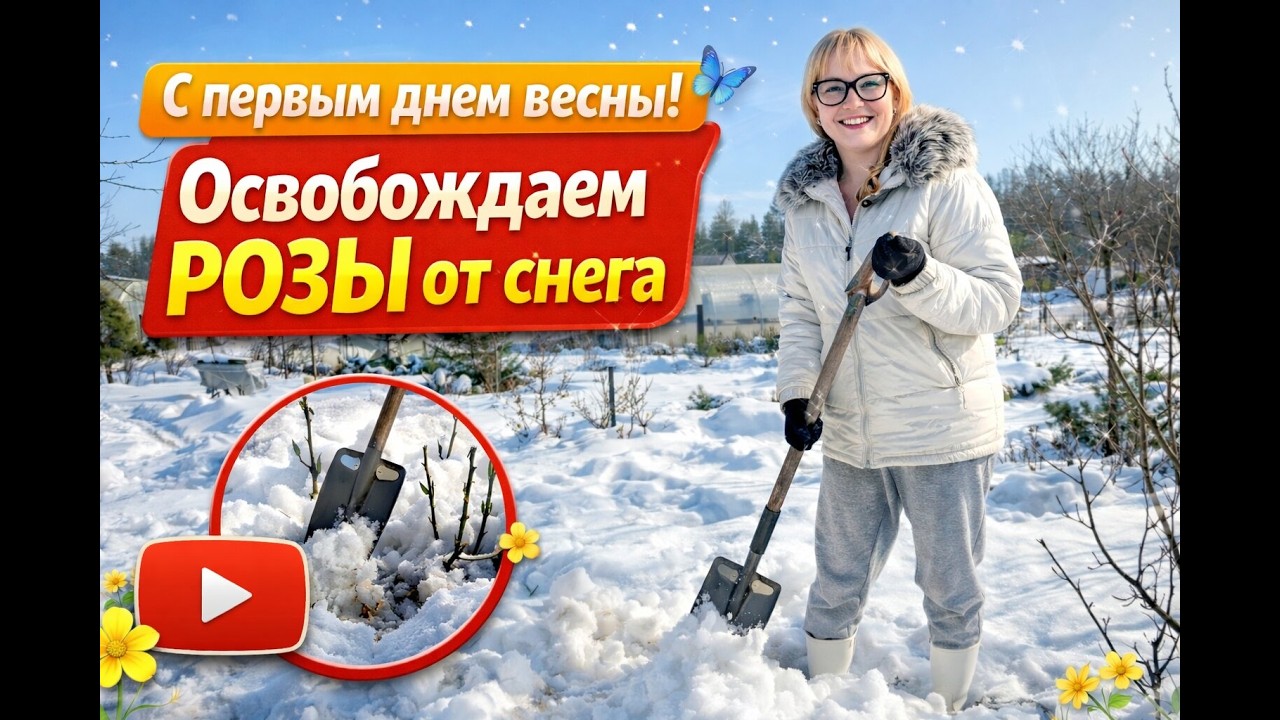 Первый день весны! Освобождаем розы от снега.