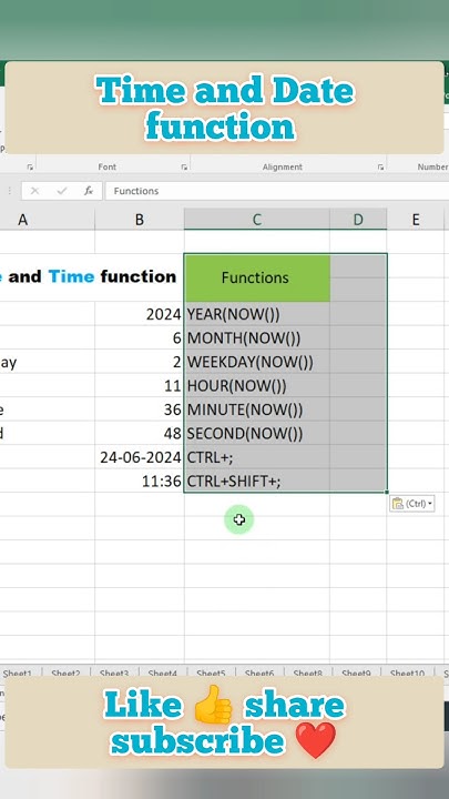 date and time function in excel || excel tutorial #youtubeshorts # ...