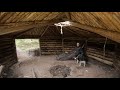 Bushcraft build with hand tools . Reciprocal roof . Shelter fire cabin