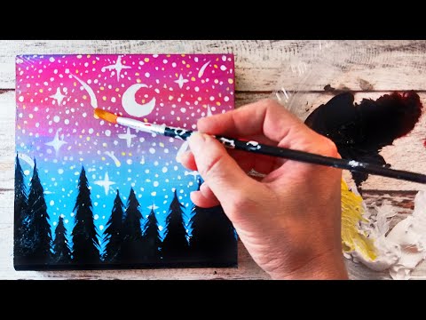 איך לצייר באקרליק לילה קסום עם כוכבים ✨ בלי ניסיון קודם בציור! ציור פשוט וקל לביצוע עם הדגמה 🎨 2020