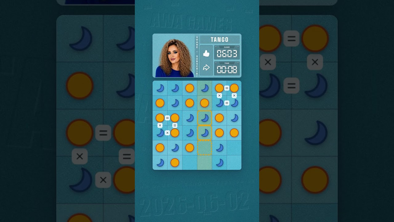 LinkedIn Tango #603 solved board for June 2, 2026, 6x6 grid
