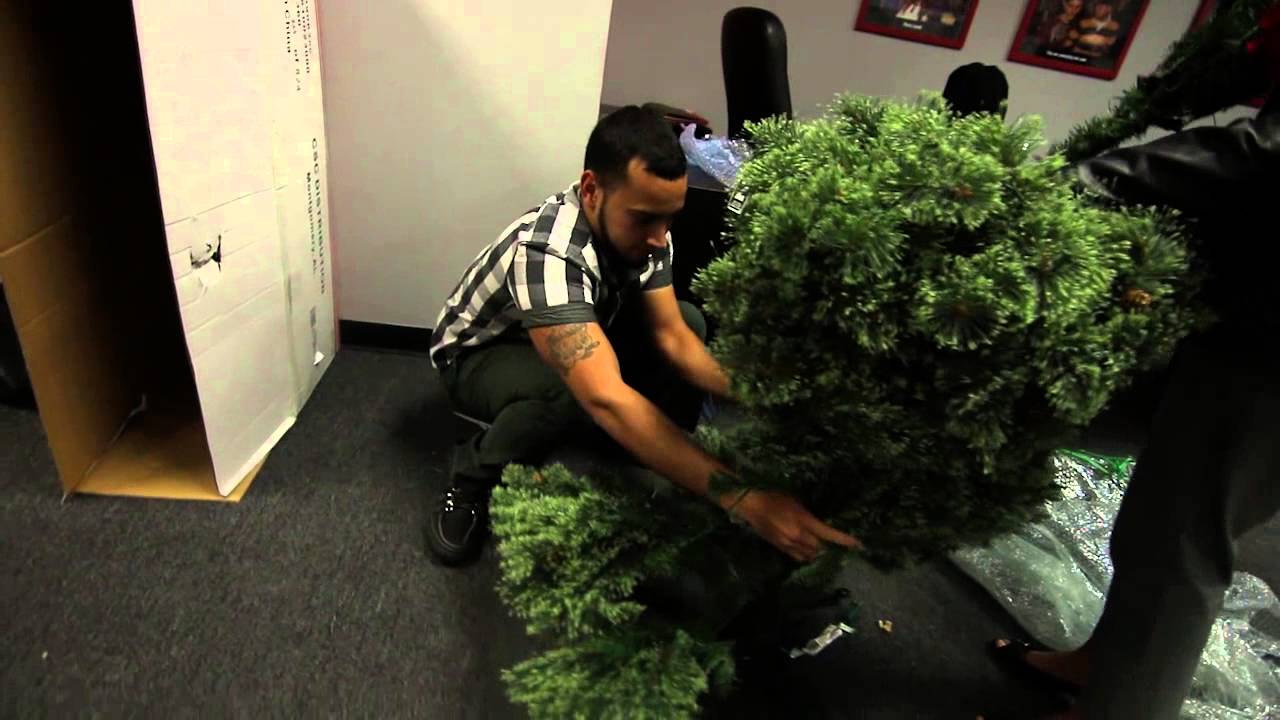 Christmas Tree Distribution 120914 Juliano putting tree together Q2 Christmas Tree Distribution