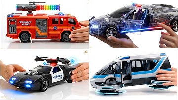Fire truck, toy police car from the future simulated with AI technology. Review toy car and explore