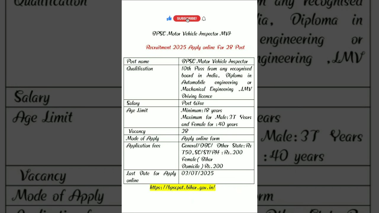 BPSC Motor Vehicle Inspector  Recruitment 2025 | Apply online For 28 Post | 
