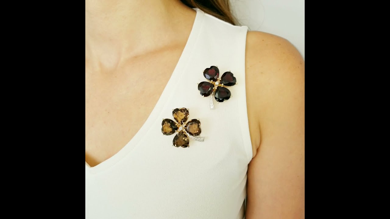 Set of Garnet, Smokey Topaz & Diamond Clover Brooches / Lapel Pins in 14k Yellow & White Gold