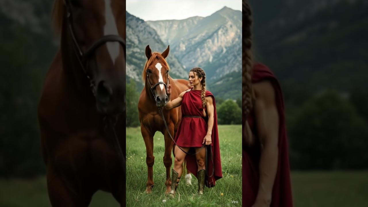 Spartan muscular girl and muscular horse 