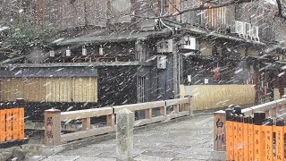 京都・祇園白川　巽橋に降る横殴りの雪　snow at Gion-Shirakawa (river), Kyoto